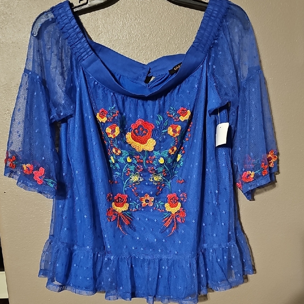 Floral Embroidered Blue Blouse